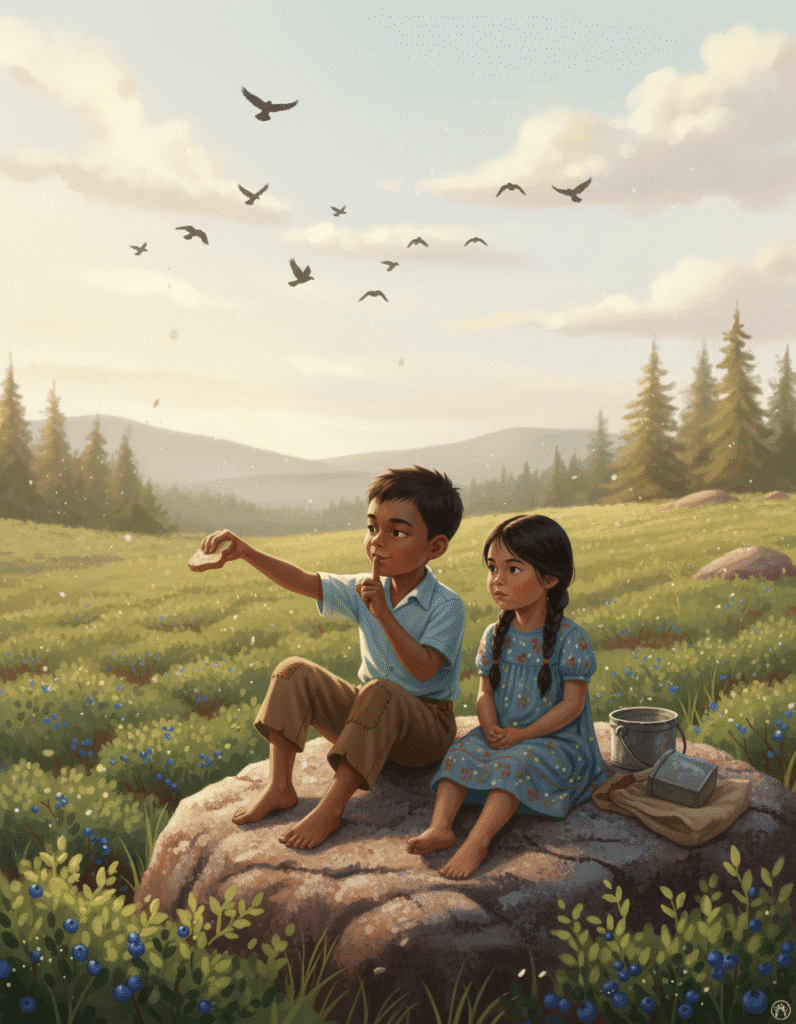 Illustration of Joe and Ruthie sitting on the rock in the blueberry field of Maine just before she disappears